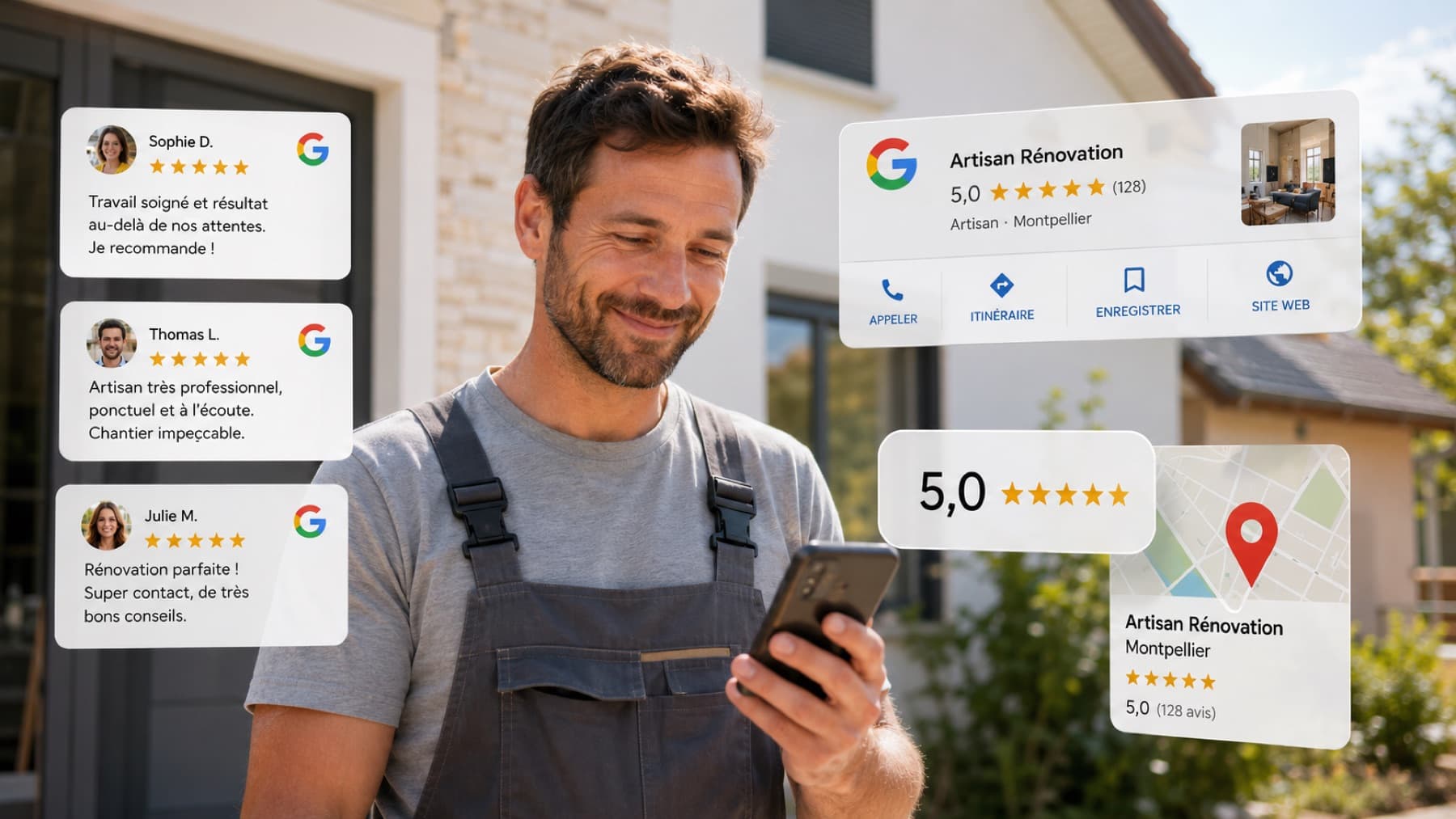 Artisan consultant les avis Google laissés après ses interventions