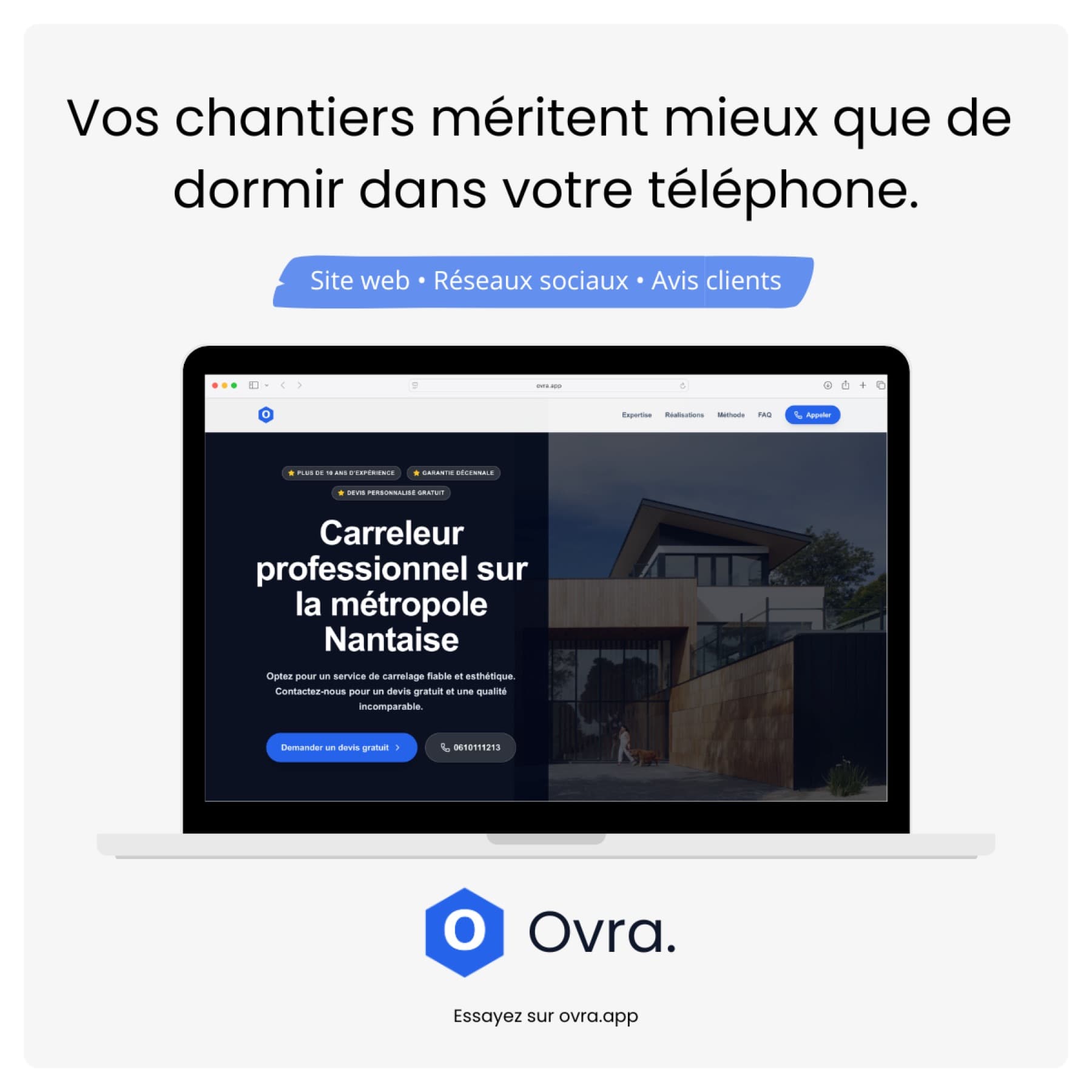 Site internet d'artisan du bâtiment avec réalisations et demande de devis