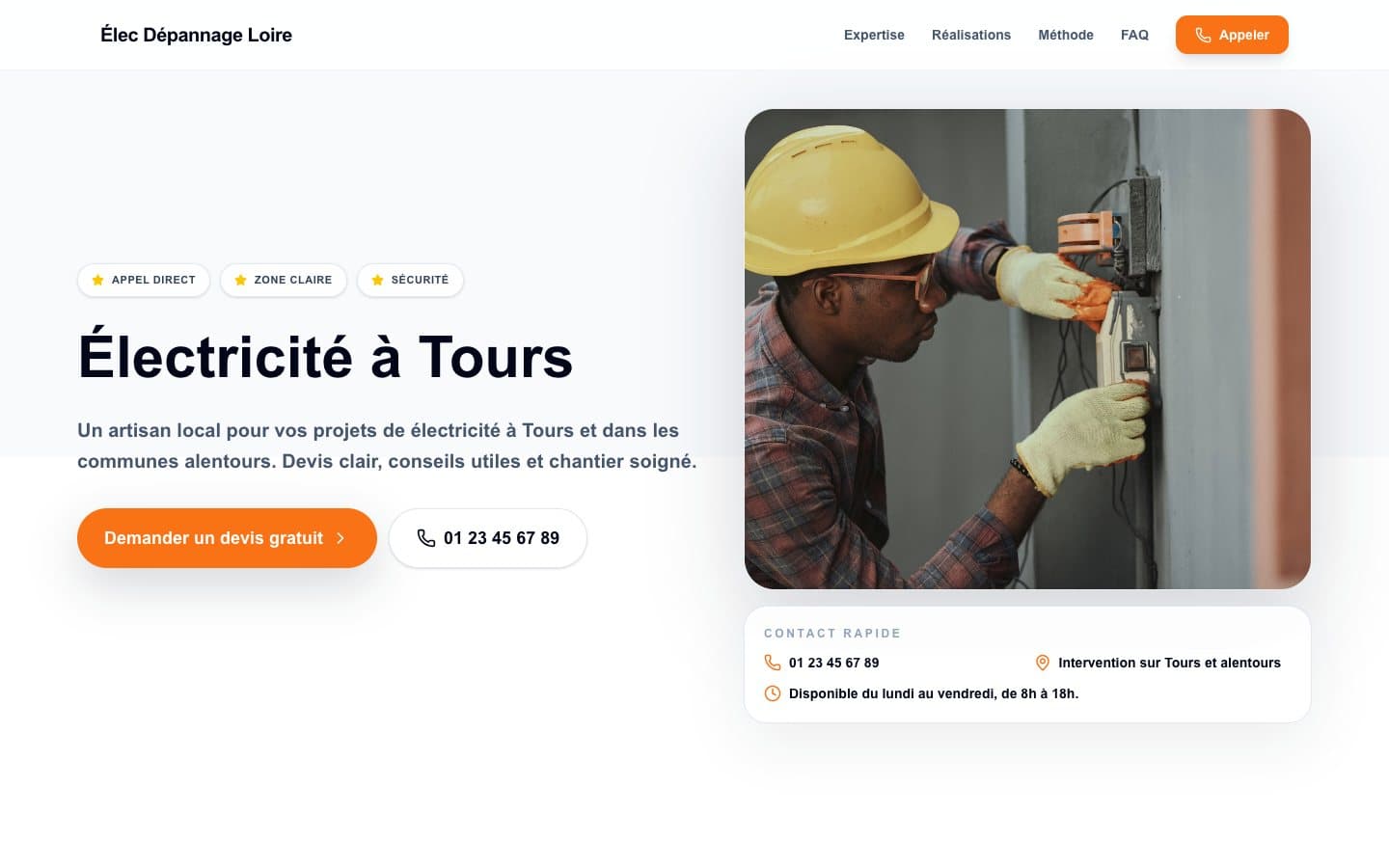 Aperçu réel du modèle de site artisan Dépannage
