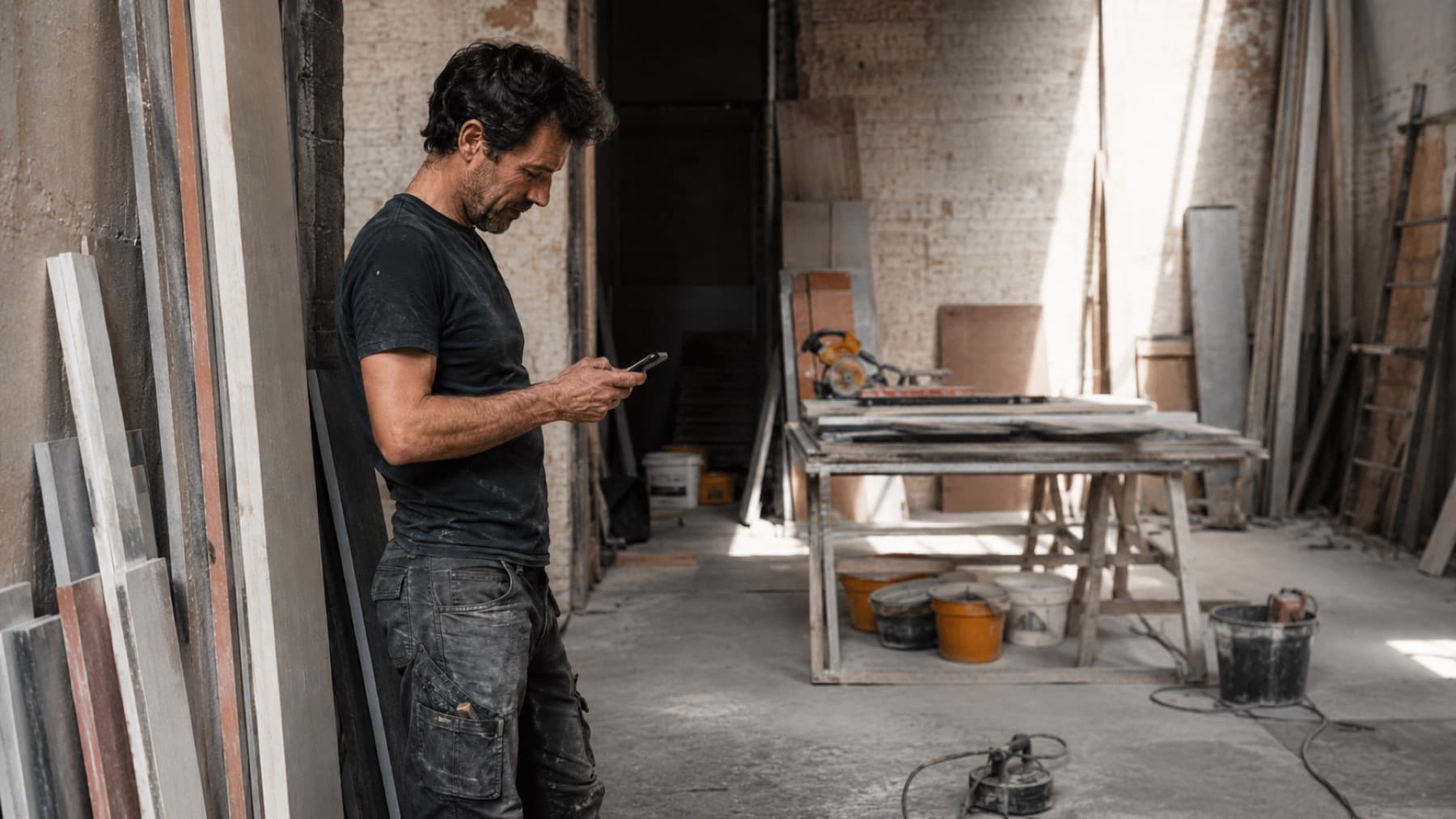 Artisan du bâtiment utilisant OVRA depuis son téléphone sur un chantier