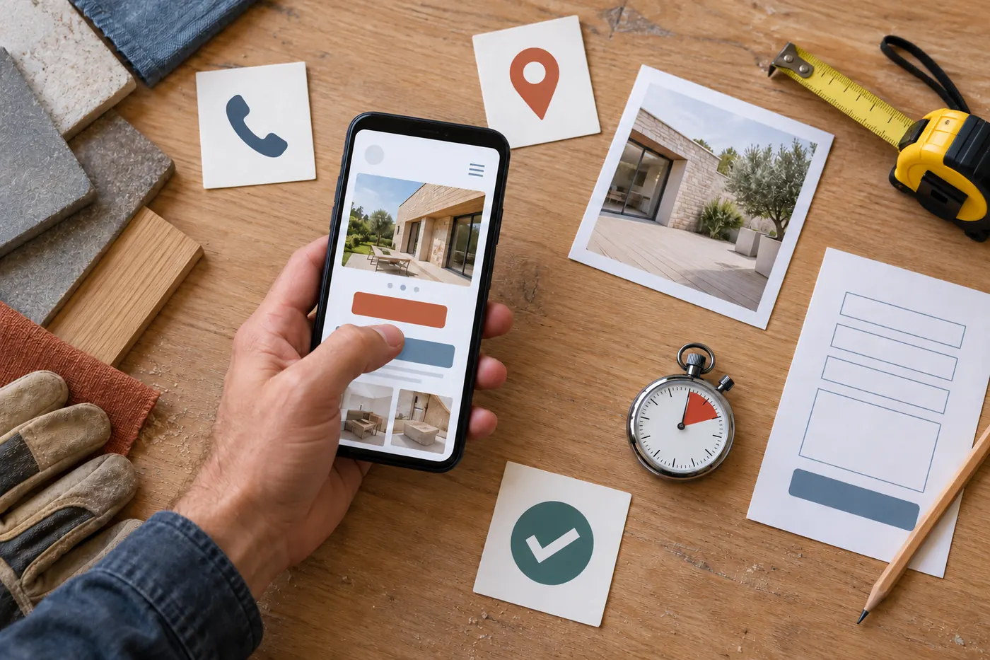 Main testant sur smartphone l'appel, la zone, les photos de chantier, la vitesse et le formulaire d'un site artisan