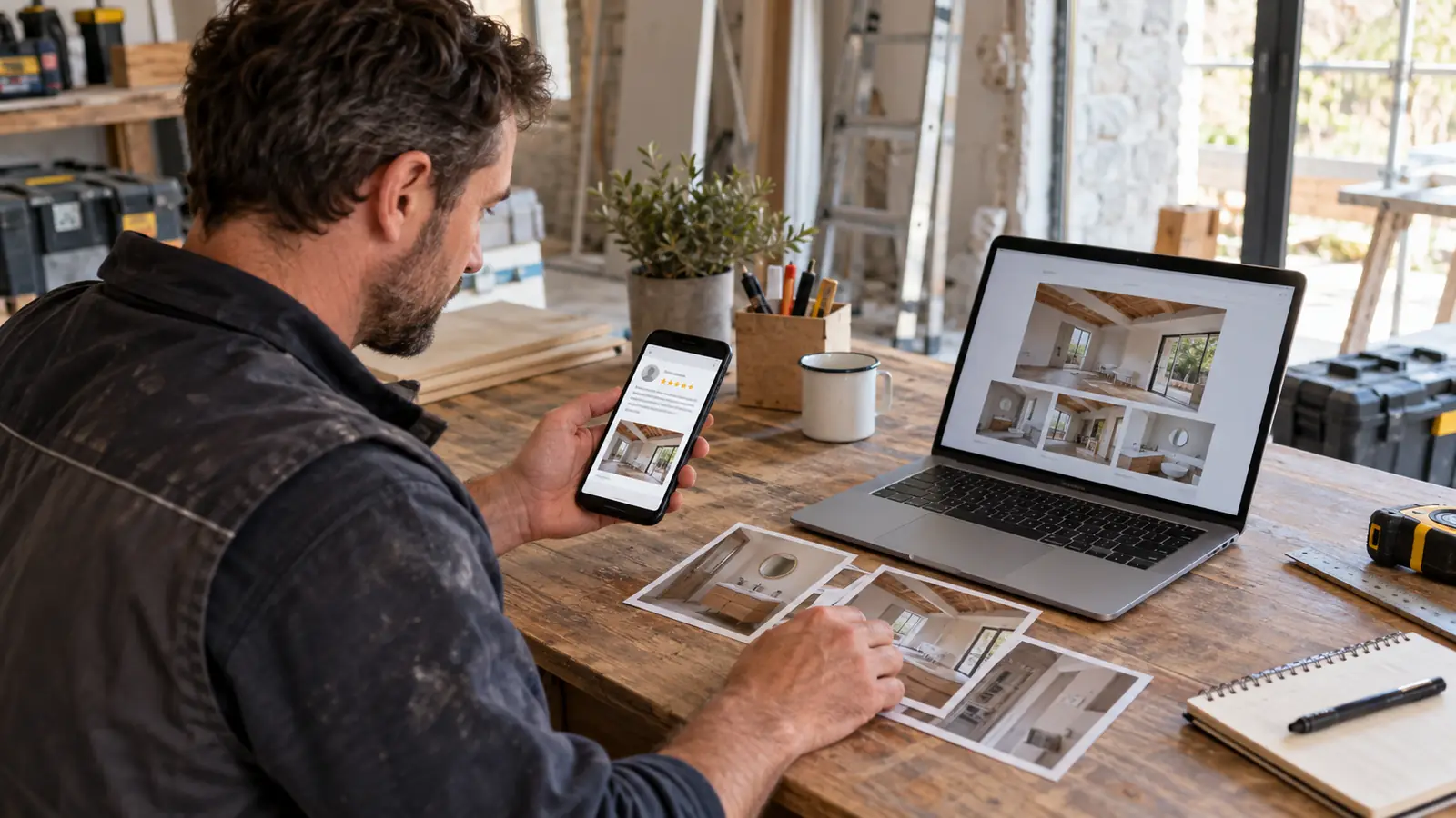 Artisan rapprochant un avis client des photos d'un chantier et de son portfolio en ligne