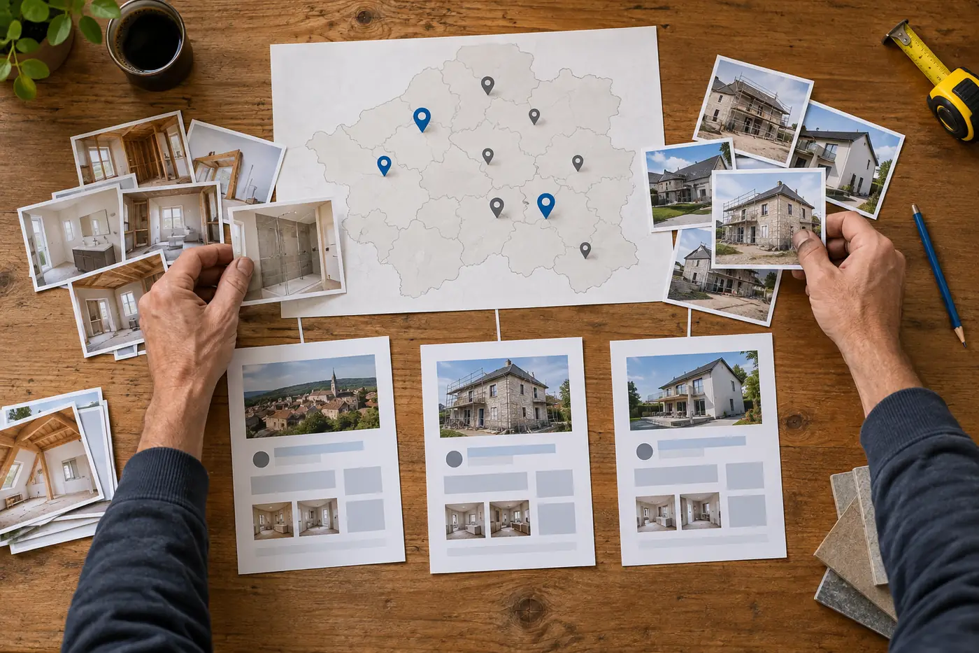 Carte de France entourée de photos de chantiers triées pour décider quelles zones méritent une page locale distincte