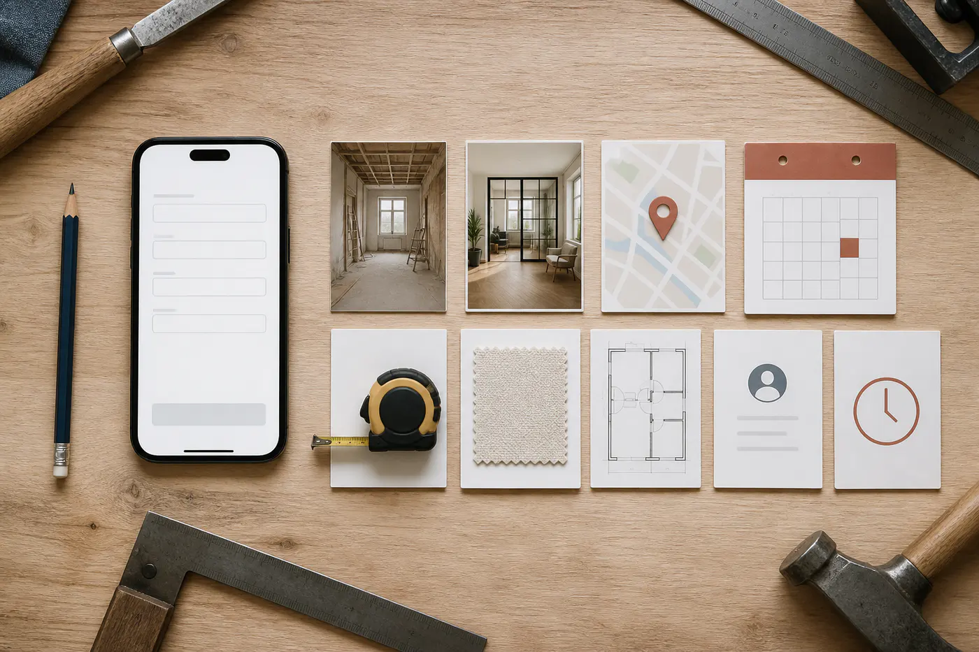 Téléphone, photos de chantier, localisation, calendrier et mesures représentant les champs utiles d'une demande de devis artisan