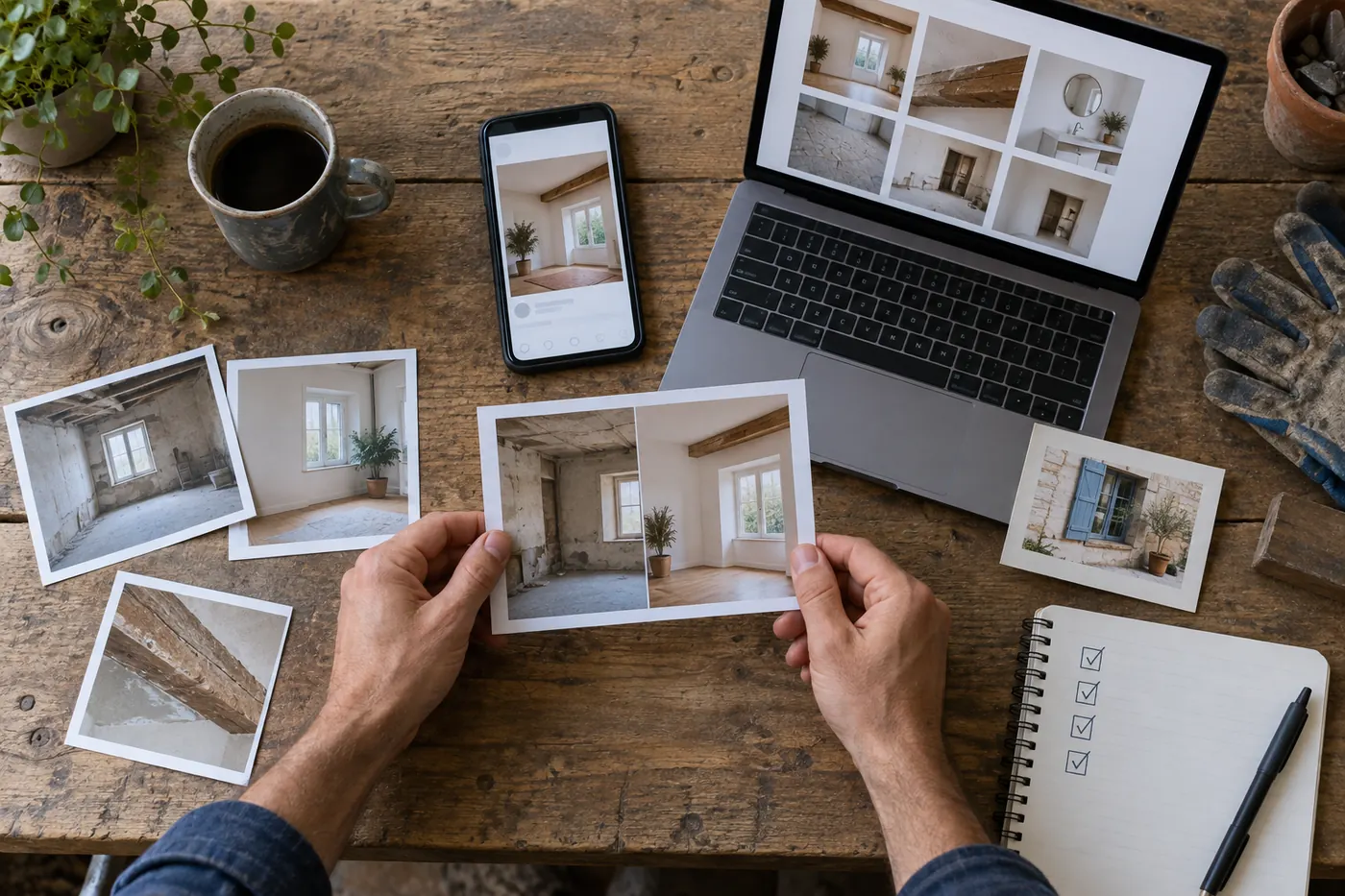 Photos avant et après d'un chantier sélectionnées pour alimenter un portfolio et une publication en ligne