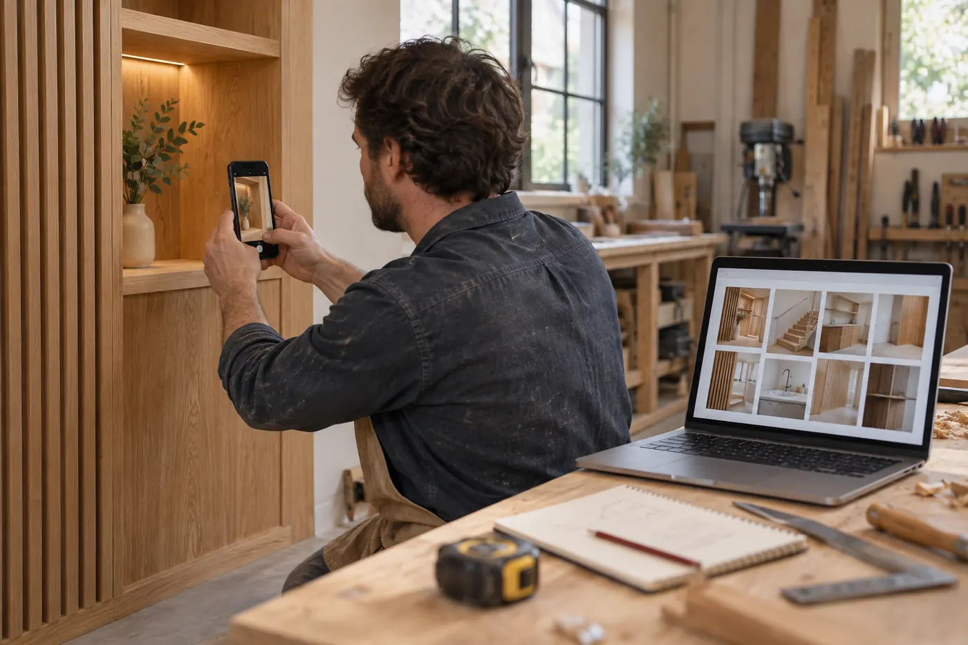 Menuisier photographiant une réalisation afin d'enrichir la galerie de son site professionnel