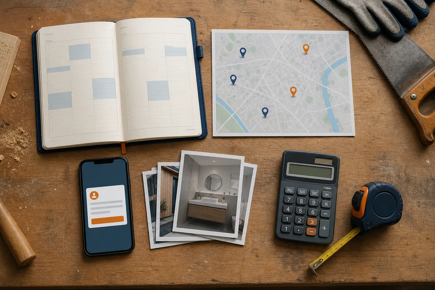 Planning, carte locale, téléphone, photos de réalisations et calculatrice pour vérifier les prérequis d'une campagne artisan