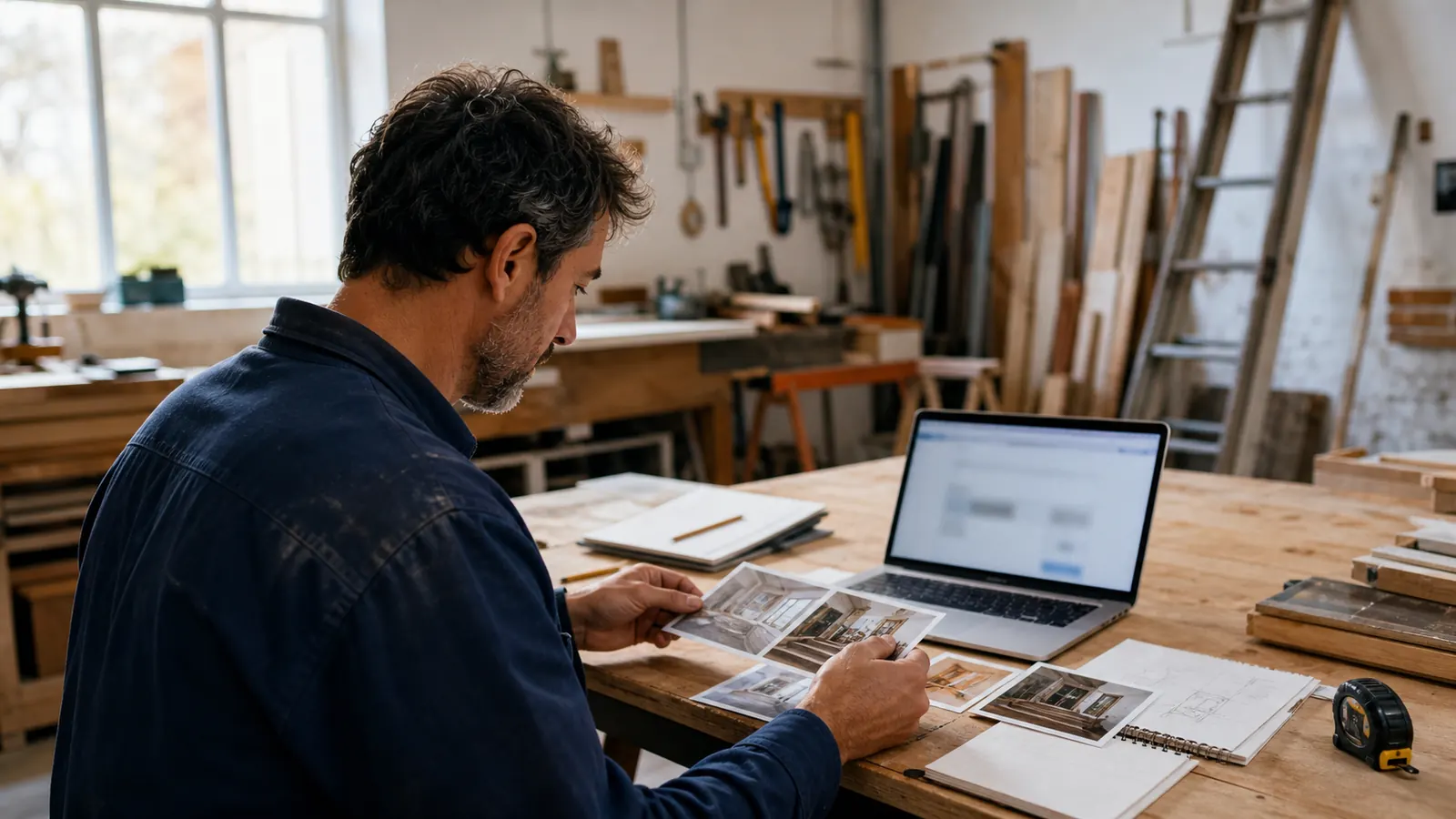 Artisan triant les réalisations et services à mettre en avant sur son site dans son atelier