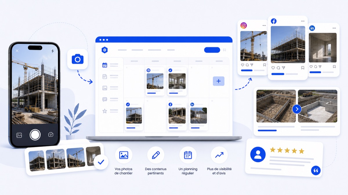 Illustration d'une communication artisan bâtiment créée depuis des photos de chantier