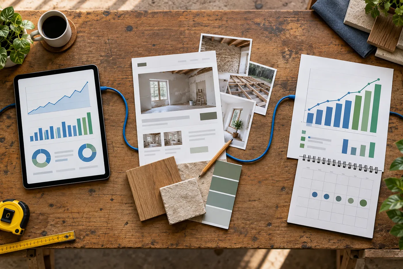 Cycle en trois étapes reliant les signaux SEO, les preuves d'un chantier et la mesure d'une page artisan