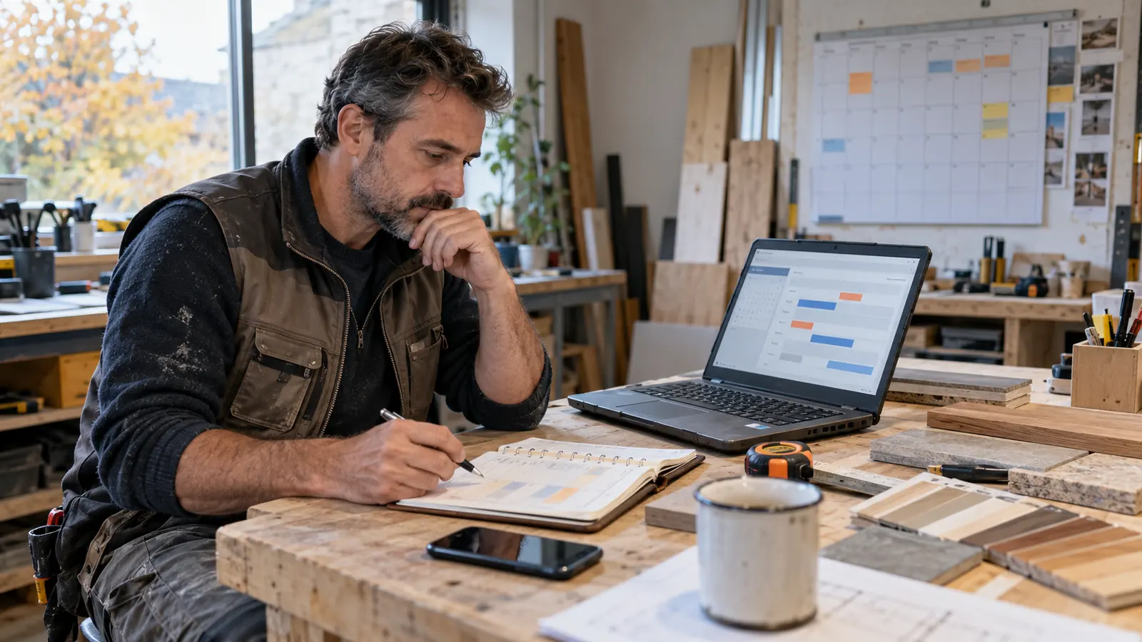 Artisan du bâtiment mettant à jour ses disponibilités entre un planning papier et son site professionnel