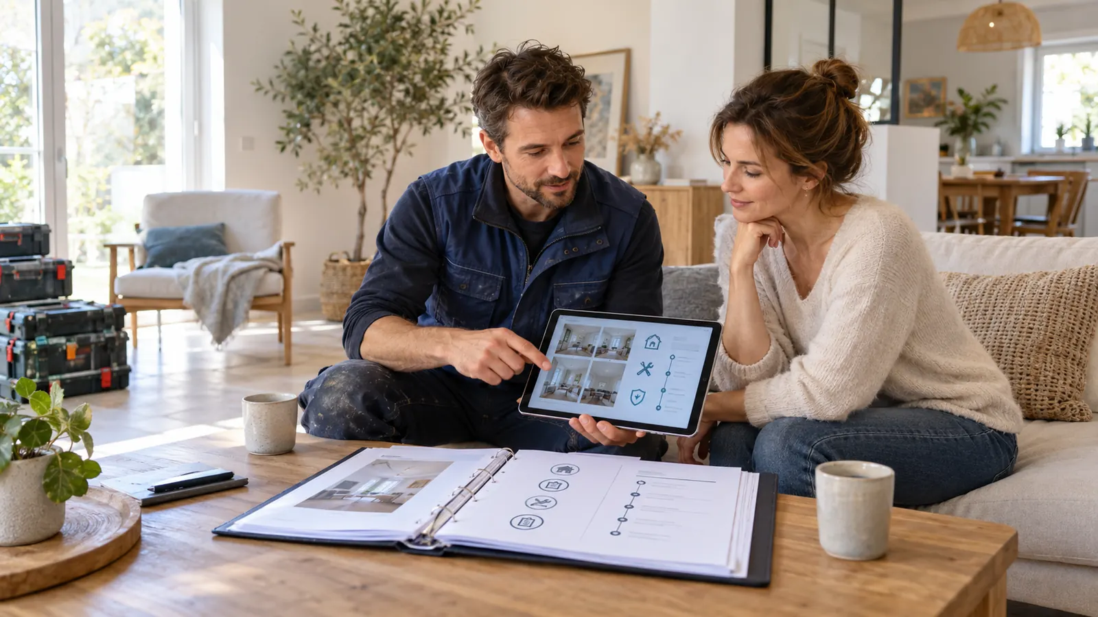 Artisan présentant à une cliente un dossier de fin de chantier avec photos, consignes d'entretien et étapes de suivi
