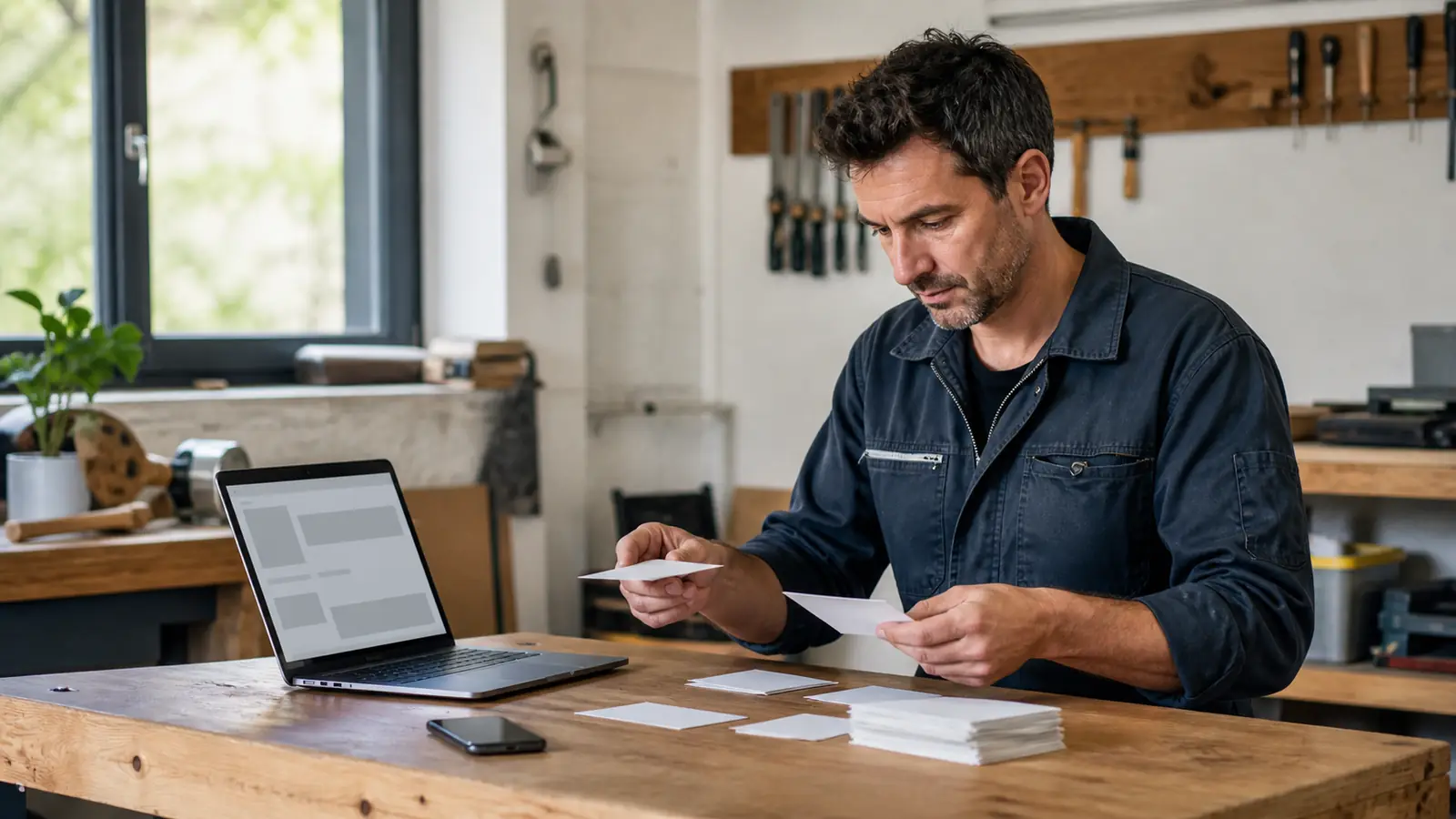 Artisan organisant les questions récurrentes de ses clients devant le site de son entreprise