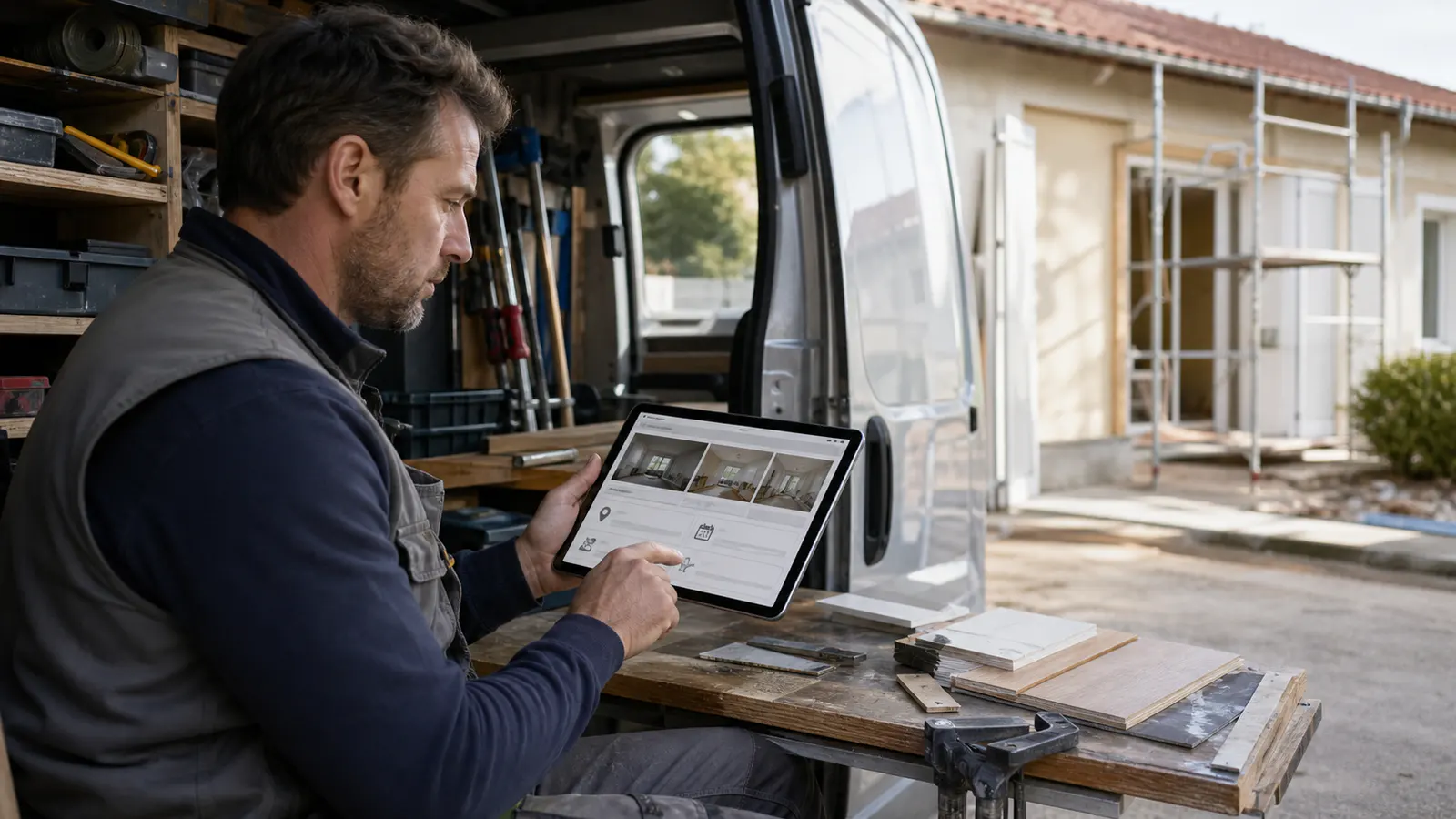 Artisan examinant une demande de devis structurée sur une tablette depuis son utilitaire