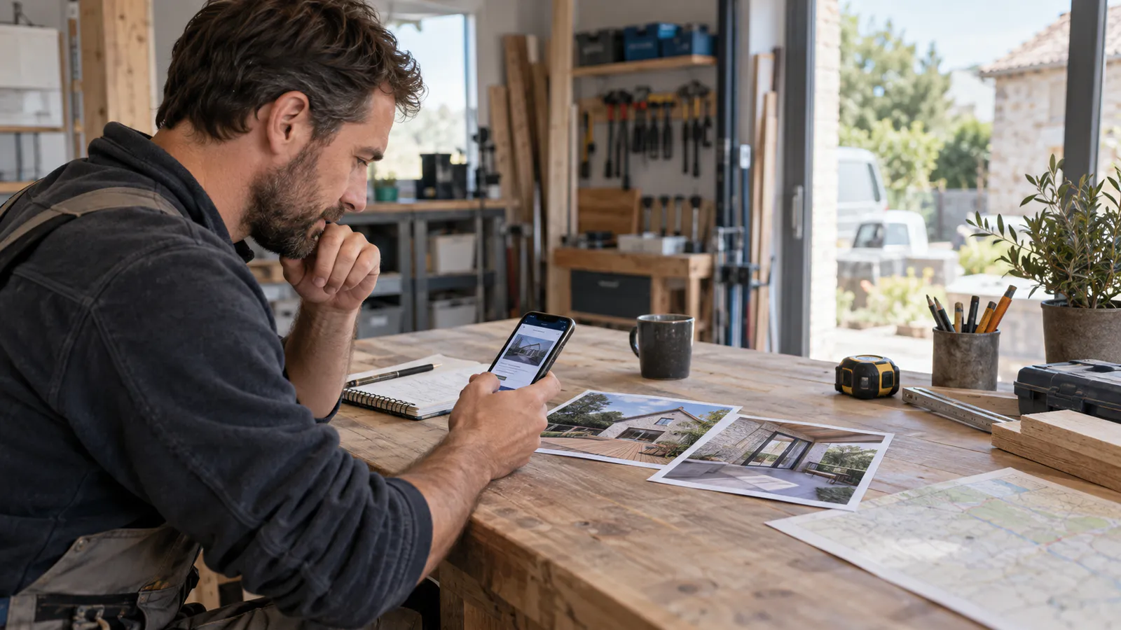 Artisan vérifiant sur mobile une page de destination avec des photos de chantiers et une carte locale