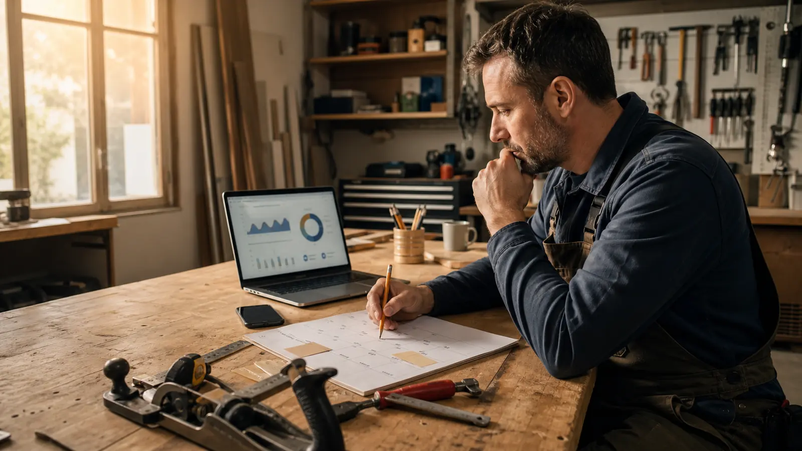 Artisan dans son atelier préparant une campagne Google Ads pour une période moins chargée