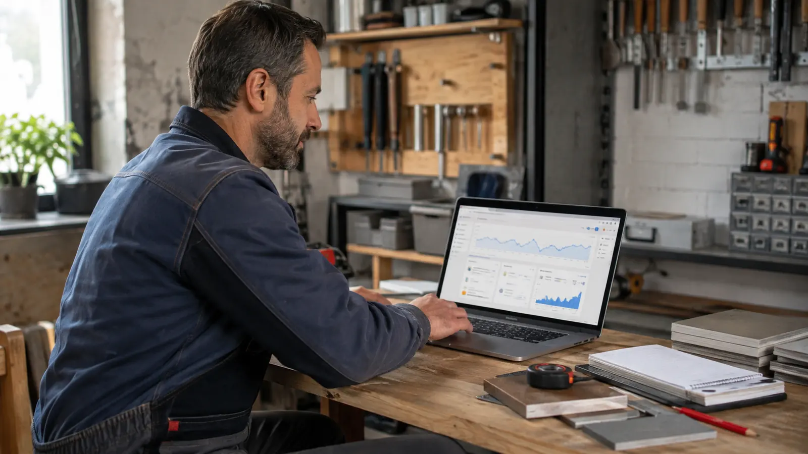 Artisan consultant les performances Google de son site sur un ordinateur dans son atelier
