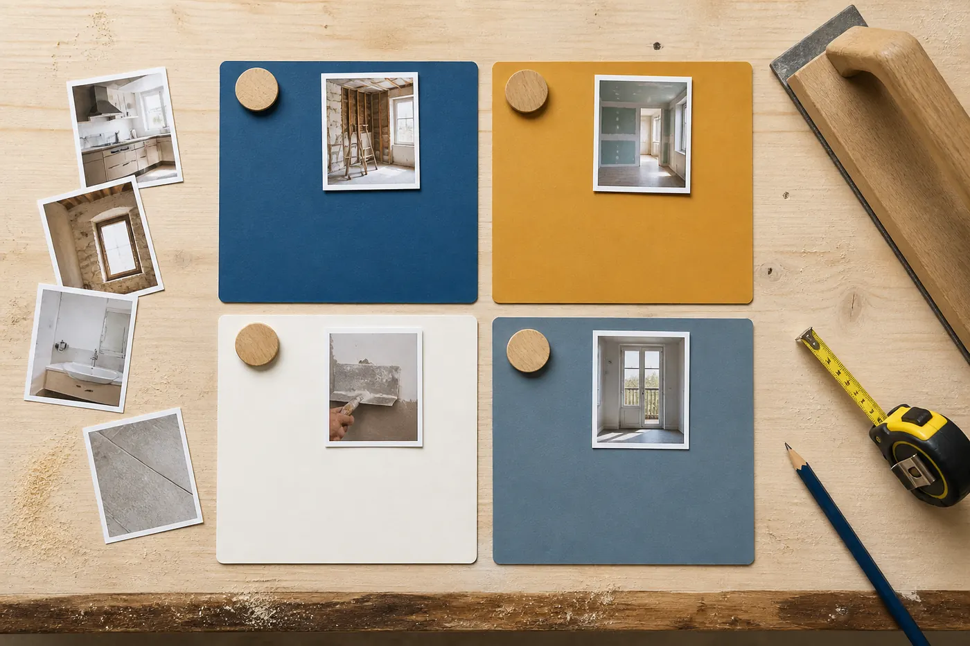 Cartes de projets, photos de rénovation et outils organisés comme une matrice de choix des prestations d'un artisan