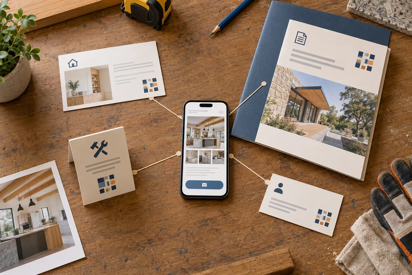 Cartes, dossier de devis et support de comptoir reliés à un téléphone qui affiche les réalisations d'un site artisan