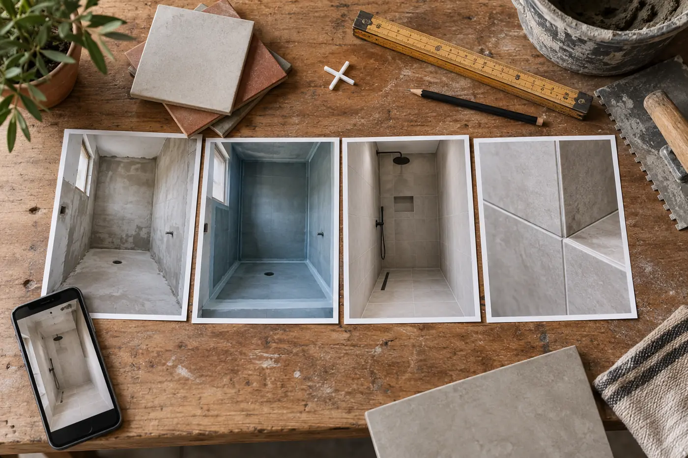 Série de quatre photos montrant la préparation, l'étanchéité, le résultat et un détail de joints d'un chantier de carrelage
