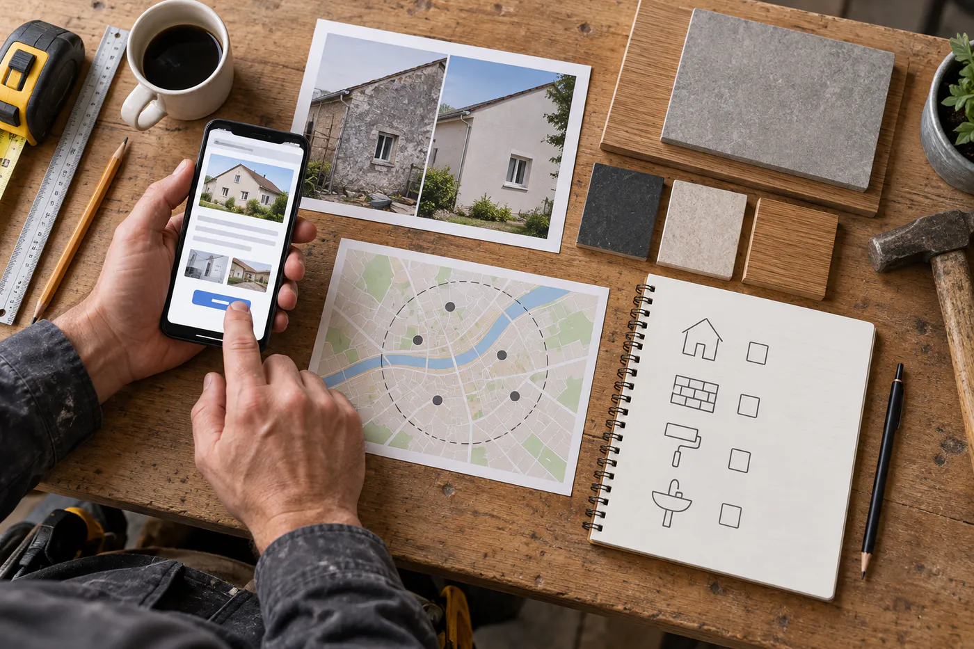 Téléphone, chantier avant-après, carte locale, matériaux et checklist réunis pour contrôler une page publicitaire d'artisan