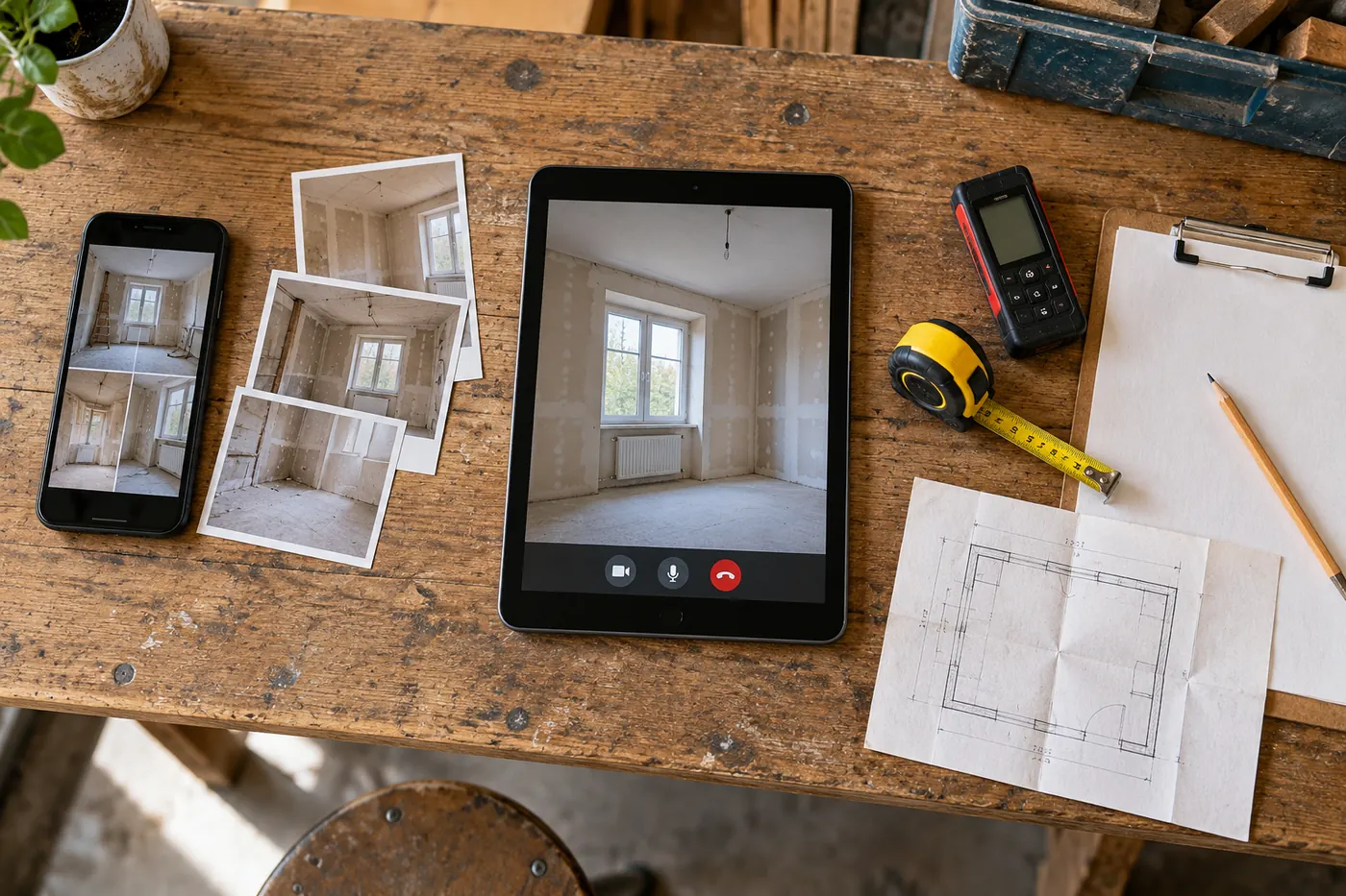 Photos d'une pièce, appel vidéo, télémètre et mètre préparant les trois étapes d'une pré-visite de chantier