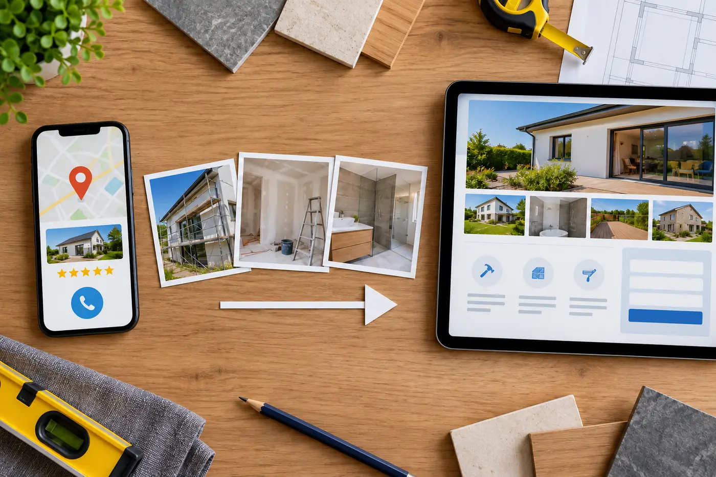 Parcours visuel reliant une fiche locale sur smartphone, trois photos de chantier et les pages de services d'un site d'artisan