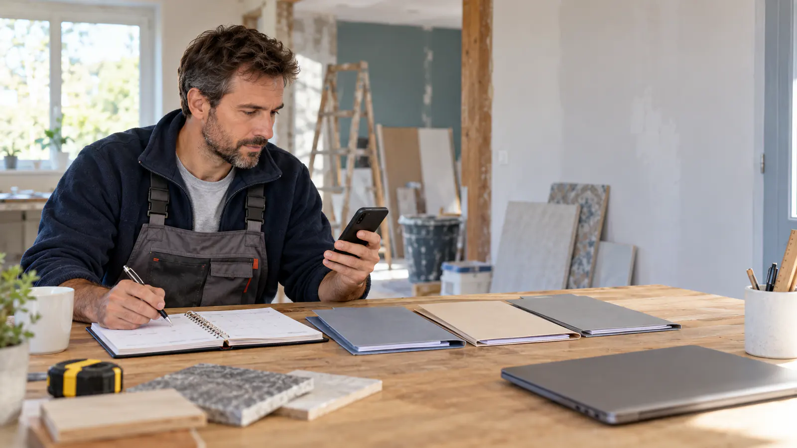 Artisan du bâtiment organisant le suivi de plusieurs devis depuis son téléphone et un calendrier de travail
