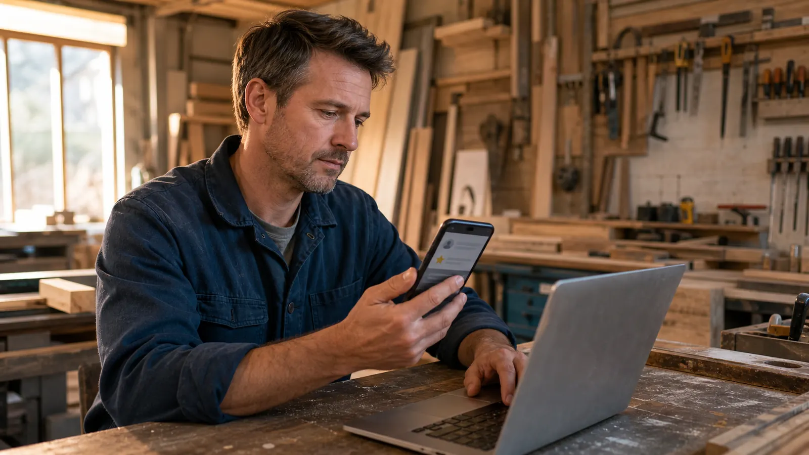 Artisan lisant calmement un avis client critique sur son téléphone avant de préparer sa réponse