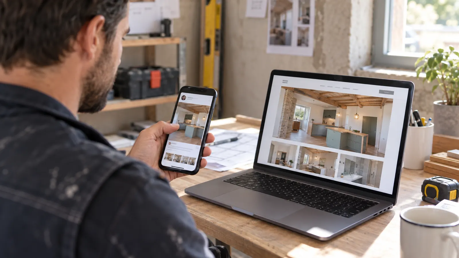 Artisan du bâtiment comparant une publication sociale et le portfolio de son site internet
