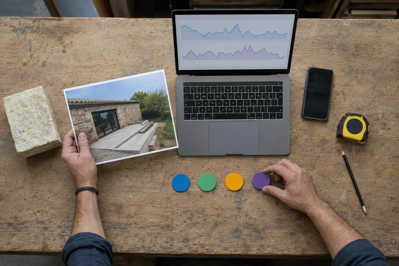 Artisan reliant des courbes de visibilité Google à la photo d'un chantier récent