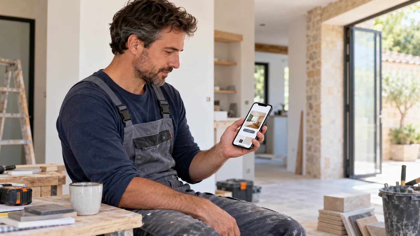 Artisan du bâtiment vérifiant l'affichage mobile de son site professionnel depuis un chantier rénové