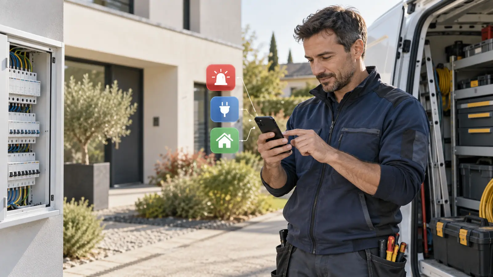 Électricien consultant trois parcours de demande sur son téléphone devant une maison et un tableau électrique