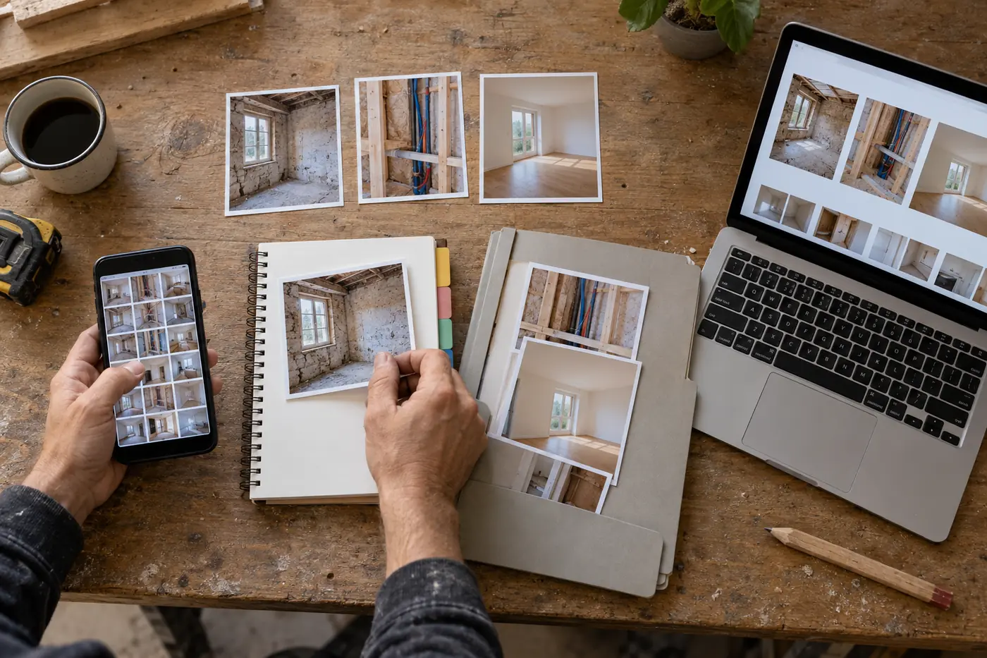 Téléphone, photos d'étapes, carnet et galerie numérique organisés pour suivre puis valoriser un chantier