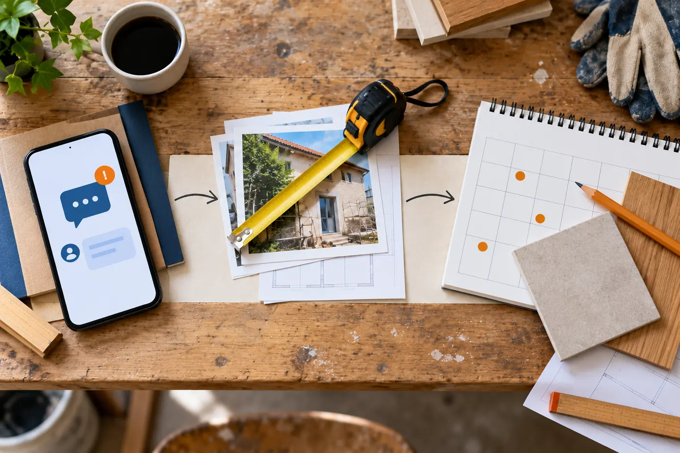 Téléphone, photo de chantier, mètre et calendrier illustrant le délai de réponse, la visite puis le démarrage des travaux