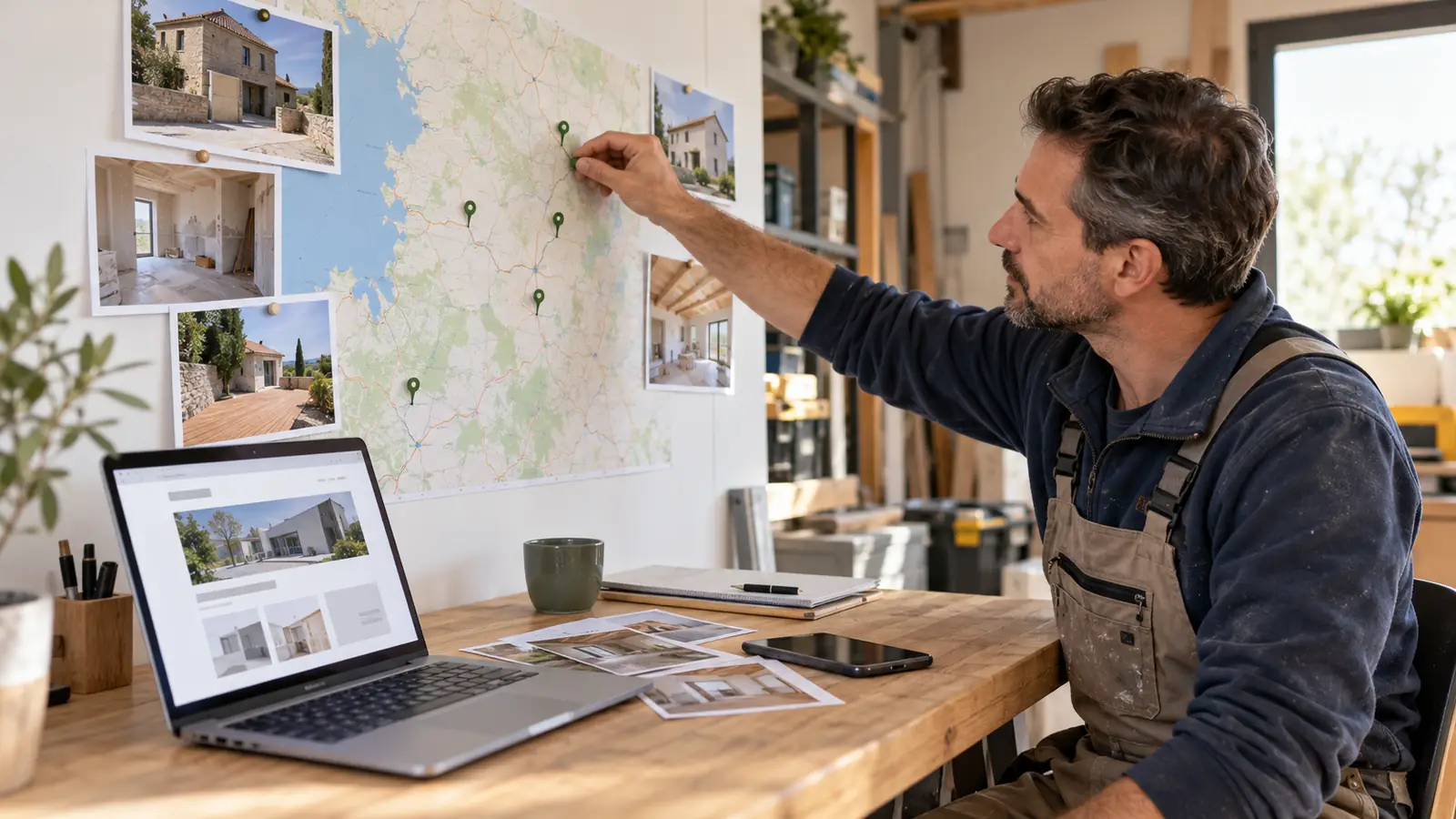 Artisan reliant sur une carte ses chantiers réalisés aux communes présentées sur son site professionnel